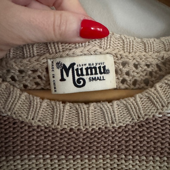 Show Me Your Mumu Yala Tan Cream Striped Crochet Sweater Tunic - Picture 3 of 8